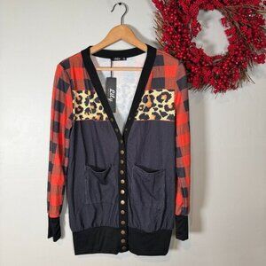 Womens Relaxed Statement Cardigan Eclectic Grandpa Leopard Print SMALL Black